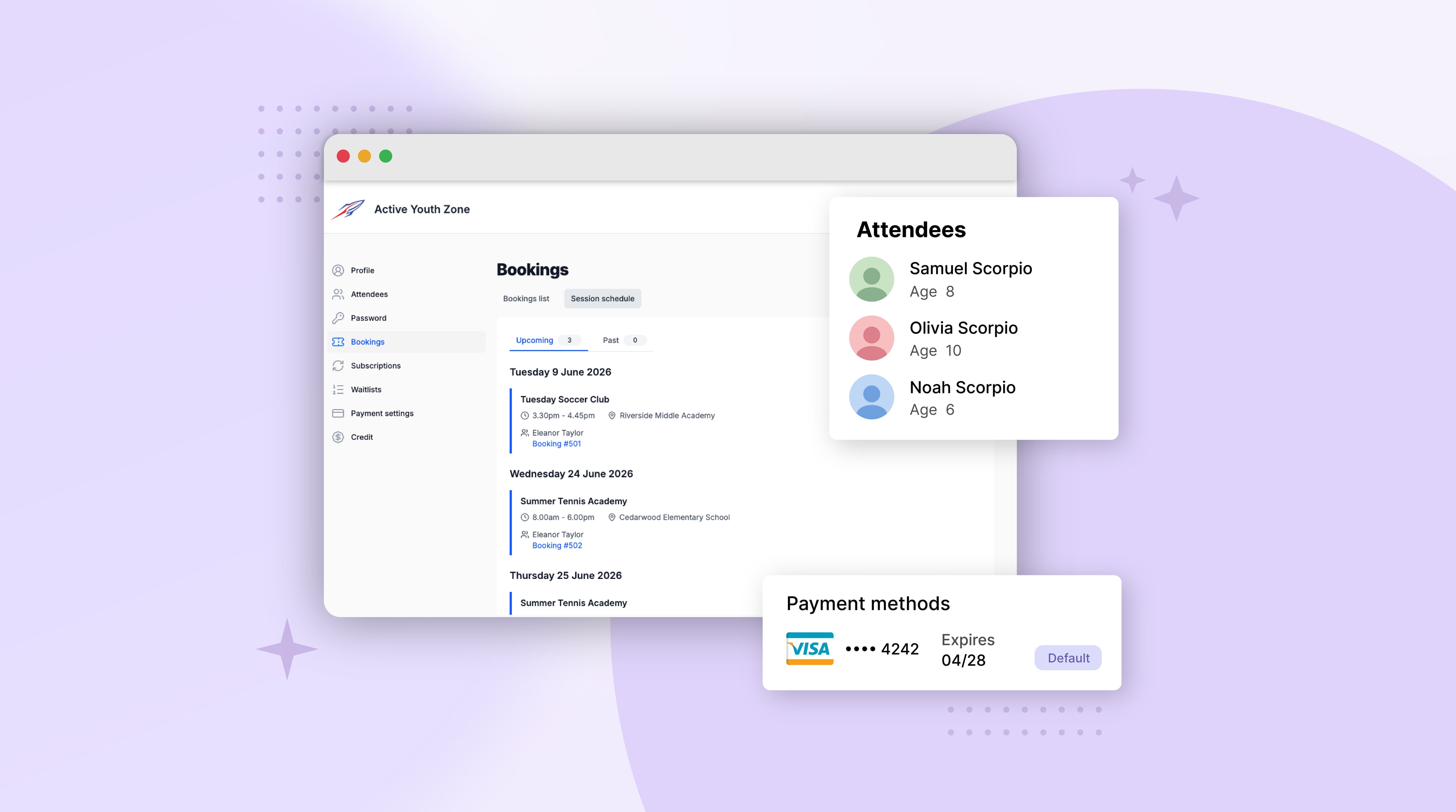 customer portal showing three attendees, multiple class enrollments and one card on file