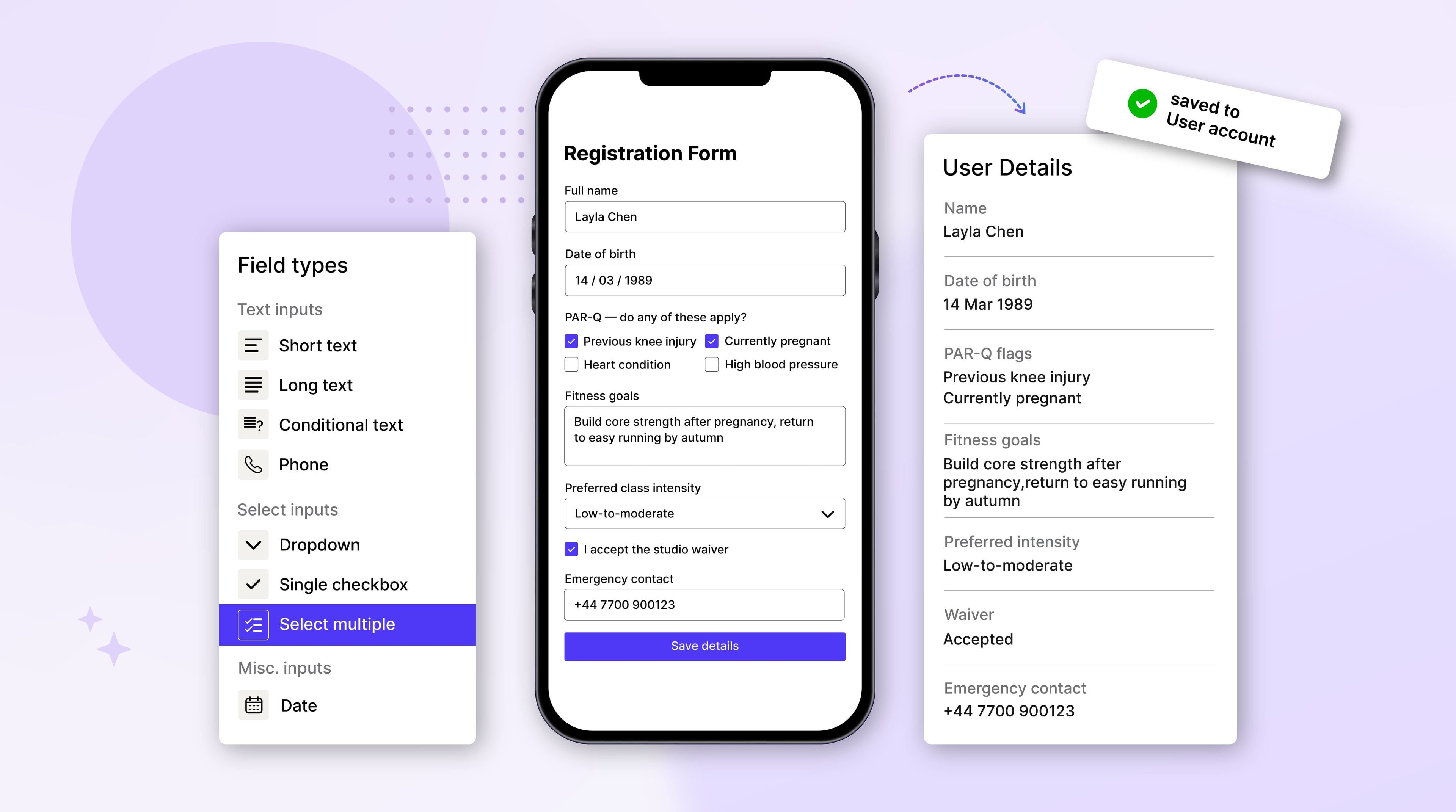 customer-facing registration form collecting medical info and consent for a gymnastics class