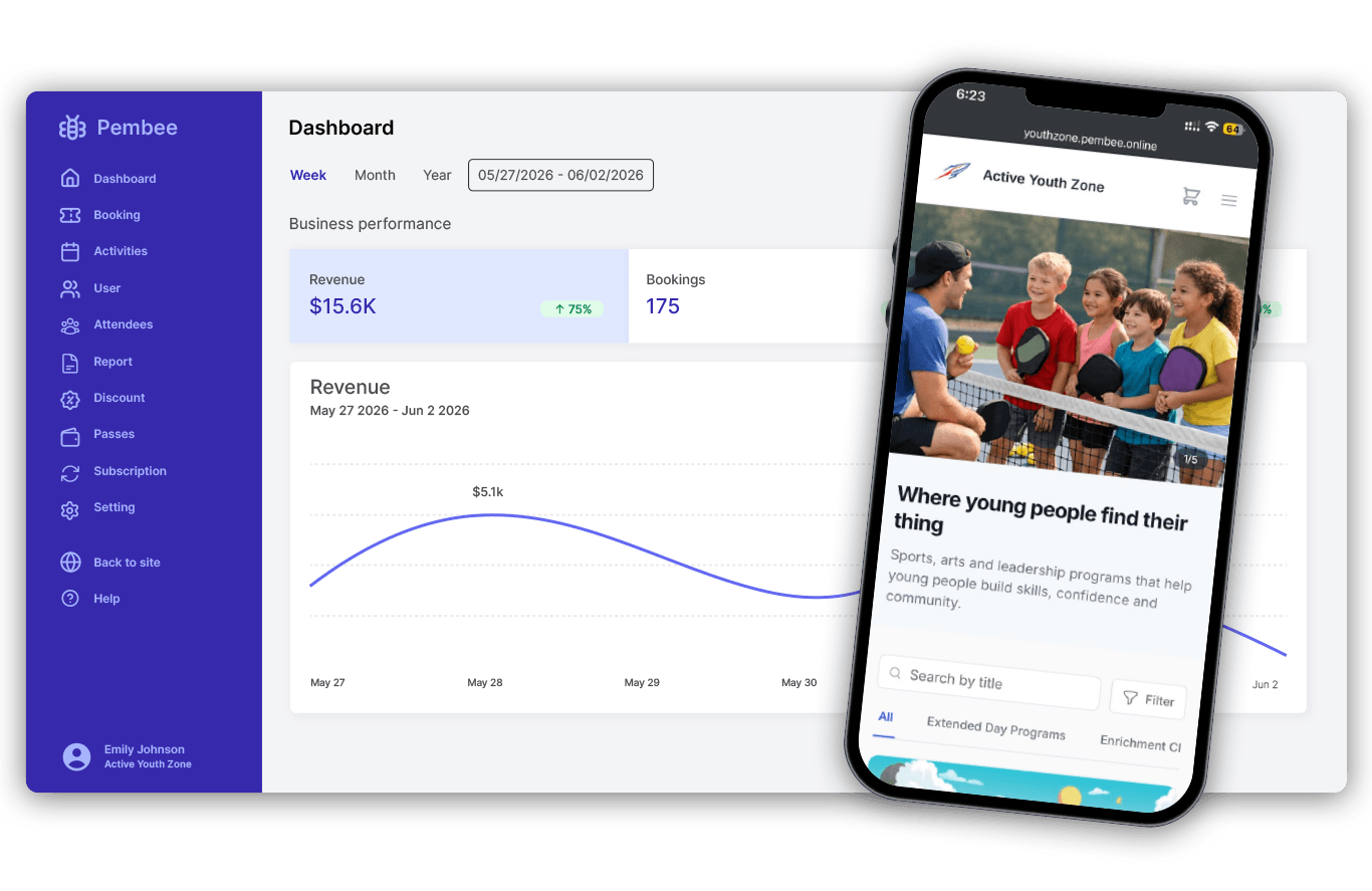 Pembee admin dashboard and branded customer booking page on mobile for Active Youth Zone