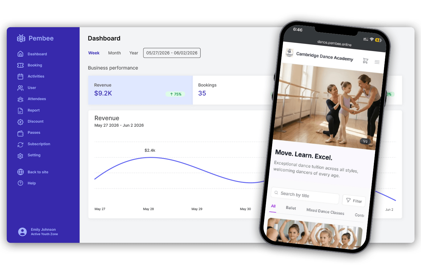 Pembee admin dashboard showing dance class enrollments, rosters and payments