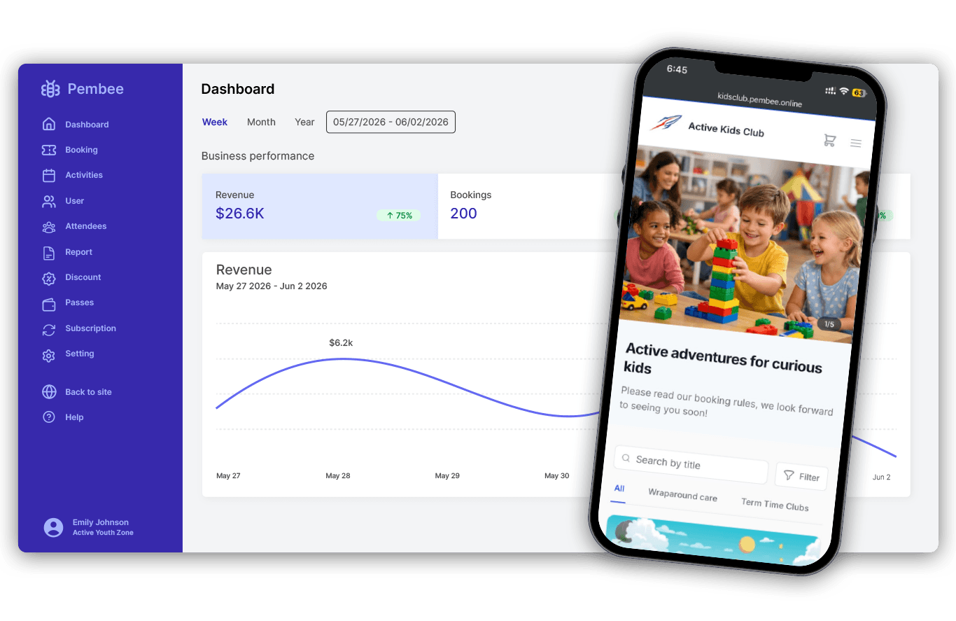 Pembee admin dashboard showing after school club bookings, rosters and payments
