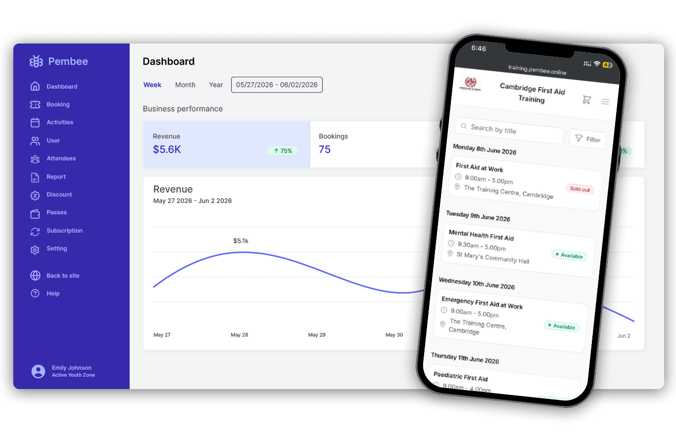 Pembee admin dashboard showing course enrollments, rosters and payments