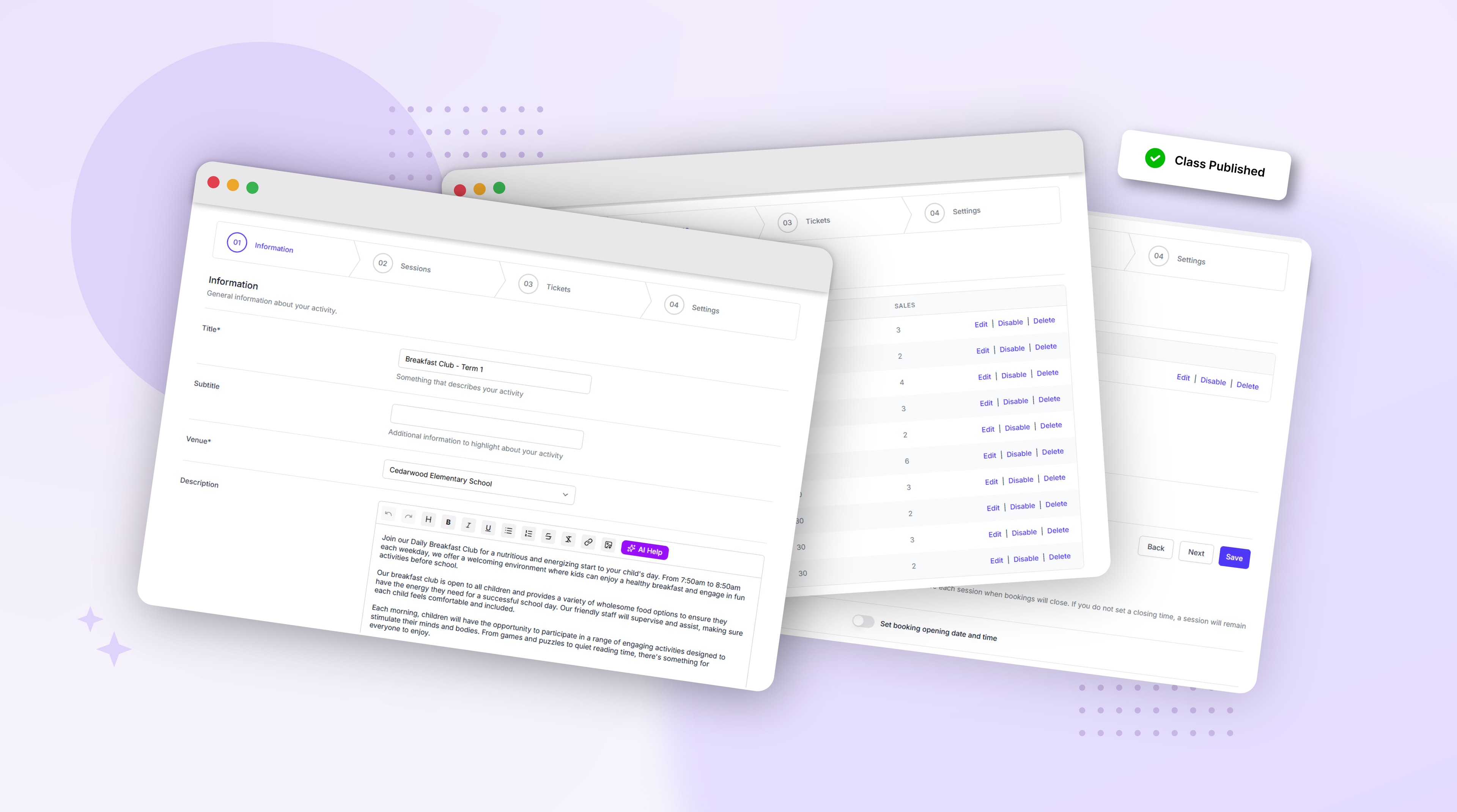 Layered screens of Pembee's class set-up flow - information, sessions and tickets