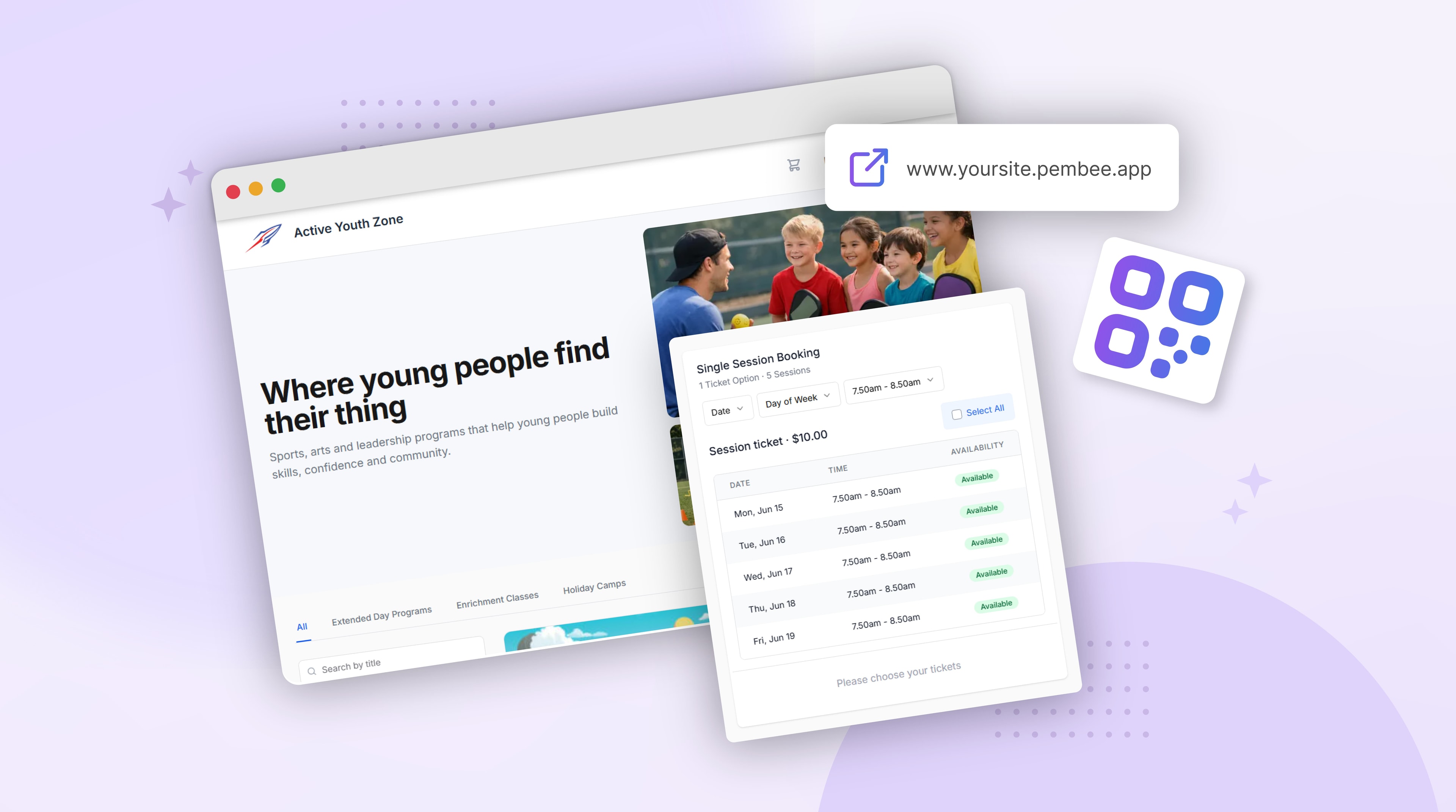 Pembee booking page on desktop and mobile, showing class information