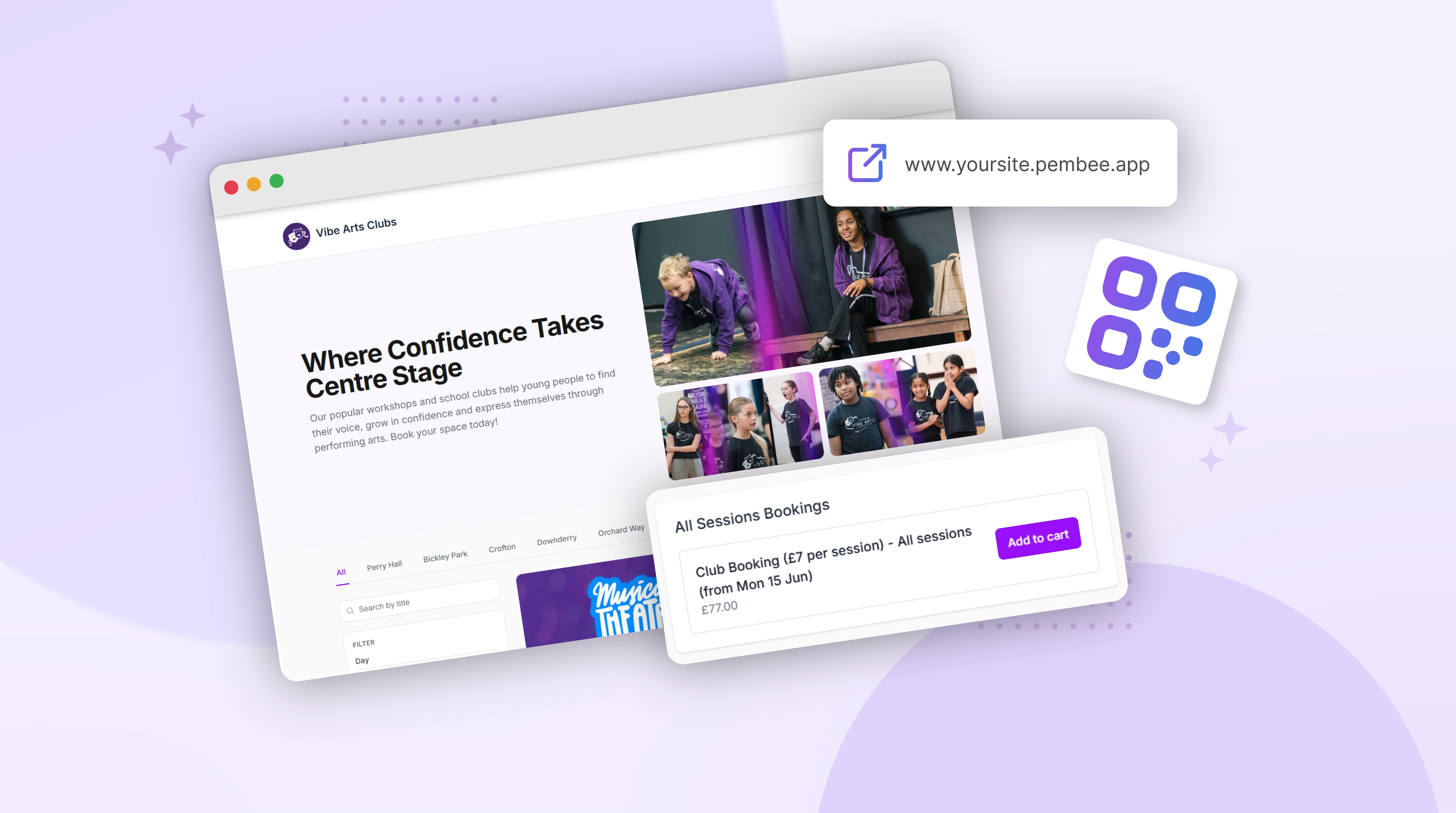 The customer-facing performing arts school booking page