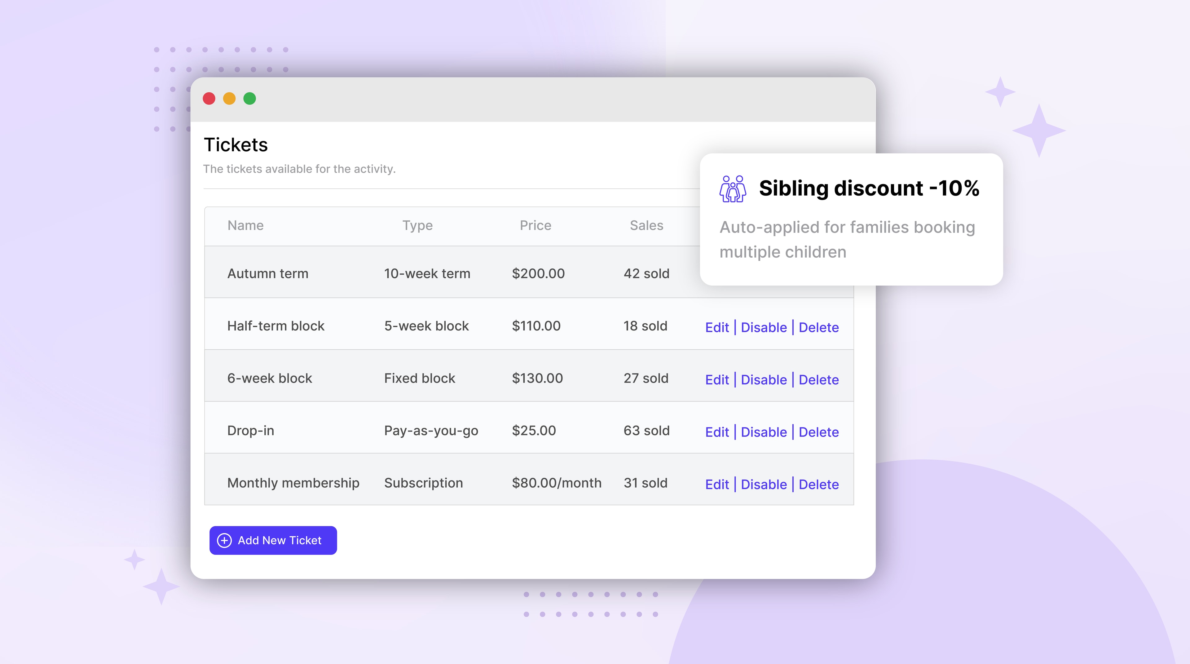 class set-up screen showing term pricing and session-pass option side-by-side